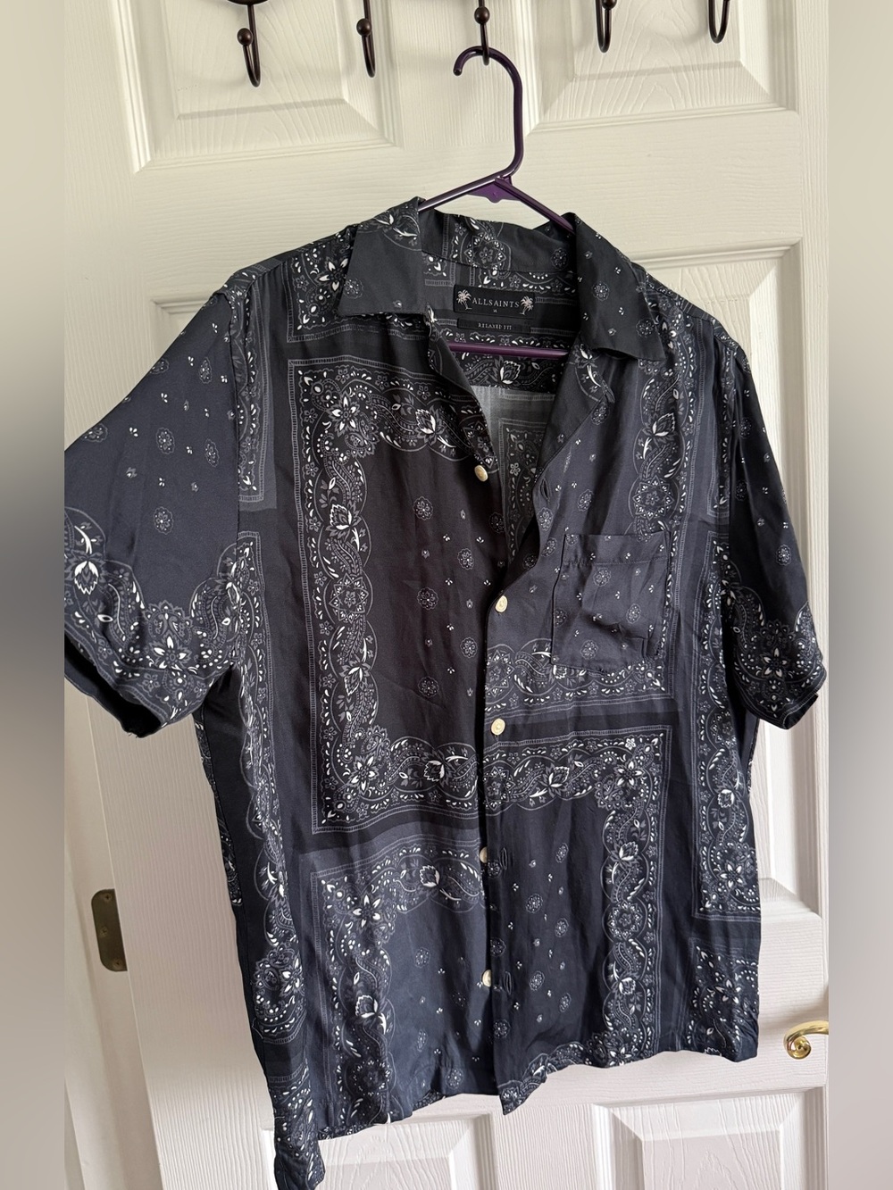 All Saints Navy Bandana-Print Short Sleeve Button-Front Shirt - Picture 9 of 9